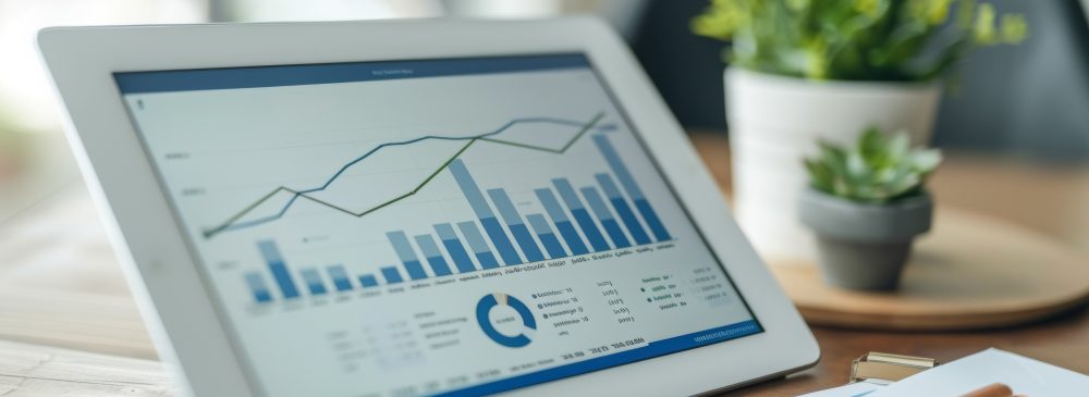 A modern minimalist desk featuring a financial report on a table